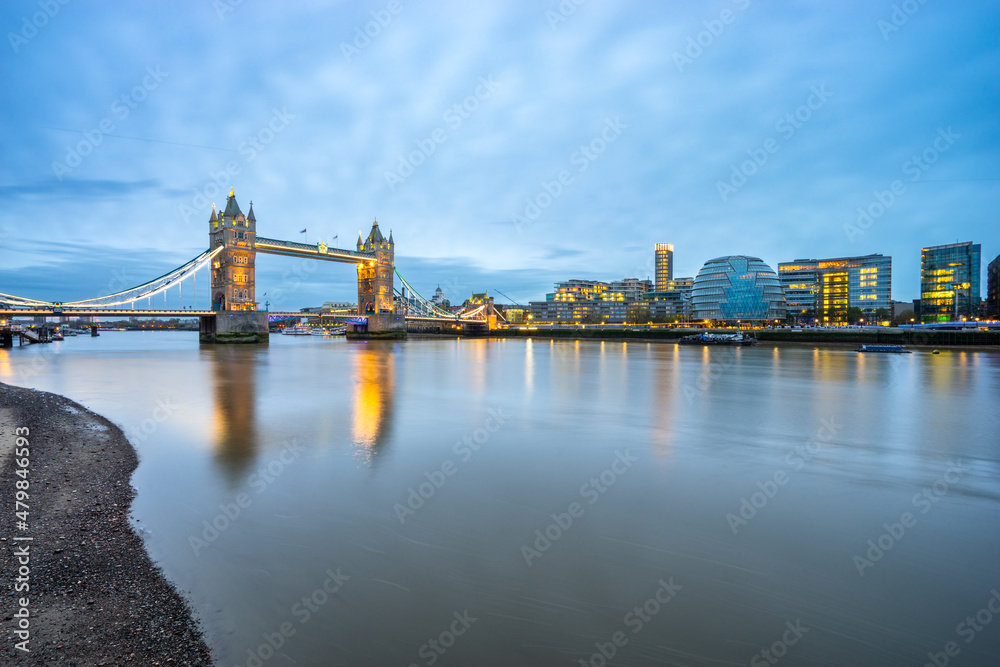 Panorama of Tower Bridge and London City Hall, viewed at Sunrise in London. England