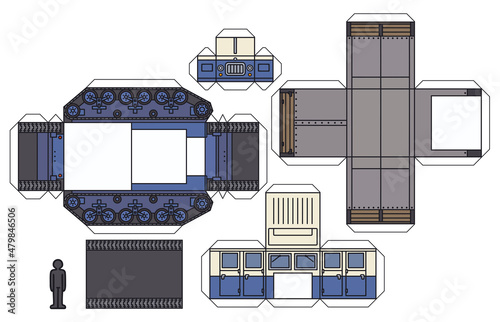 The paper model of an old blue and white tracked polar freight vehicle
