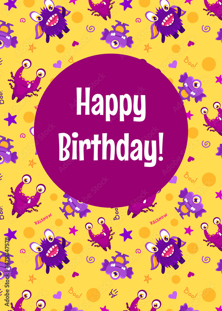 Cute creative birthday cards with monster patterns. Hand Drawn Templates for birthday, anniversary, party invitations. Vector cartoon illustration Cute creative birthday cards with monster patterns. Hand Drawn Templates for birthday, anniversary, party invitations. Vector cartoon illustration