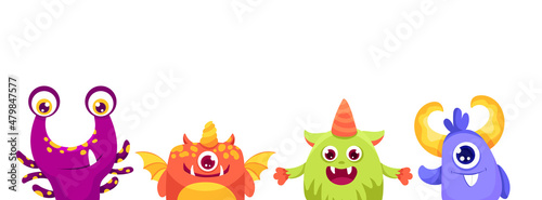 Cute funny colourful monsters avatars of head faces icon set line for halloween banner with space for text. Vector cartoon illustration