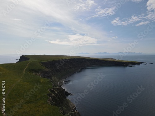 Aerial drone landscape of cliffs of Grimsey Island in Arctic Circle North Iceland