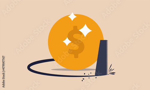 Money budget theft and mistake cost steal expensive coin. Fraud and failure business wrong vector illustration concept with saw. Crisis dollar poor and loan away trap metaphor. Finance risk problem