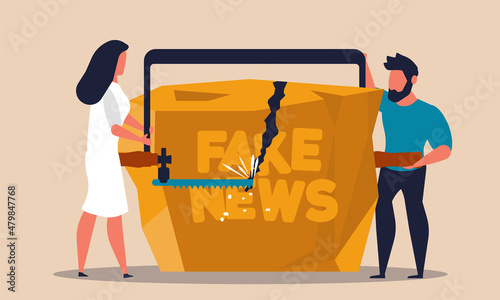 Fake news and misinformation people. Politic propaganda false information social media vector illustration concept. Press broadcasting and dishonesty story speech. Television misleading destroy