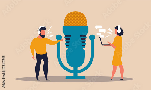 Radio podcast with man and woman. Interview with headphone headset on air speech microphone vector illustration concept. Live news discussion character and streaming conversation network broadcasting