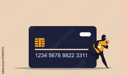 Data robbery and crime fraud with credit card and thief. Man with mask hack password and steal access vector illustration concept. Cartoon character bandit looting money. Internet protect and phishing
