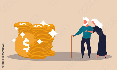 Retire senior age and get 401k money for citizen pension. Ira income and coin invest people vector illustration concept. Elderly finance investment and business plan older people. Wealth man and woman photo