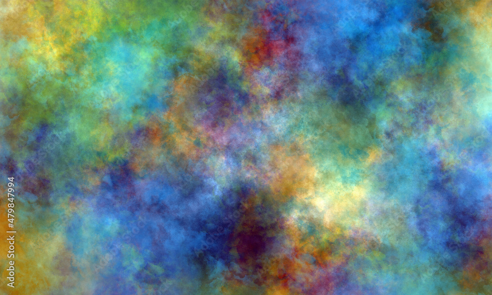Abstract celestial watercolor background in blue, purple and pink tones. Copy space, horizontal banner.