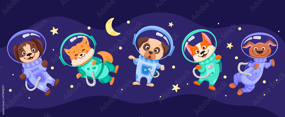 Space dog team in suits and helmets. Universe with cosmonauts for childrens print, nursery designs, perfect for kids room, fabric, wrapping, wallpaper, textile. Vector cartoon illustration Space dog team in suits and helmets. Universe with cosmonauts for childrens print, nursery designs, perfect for kids room, fabric, wrapping, wallpaper, textile. Vector cartoon illustration