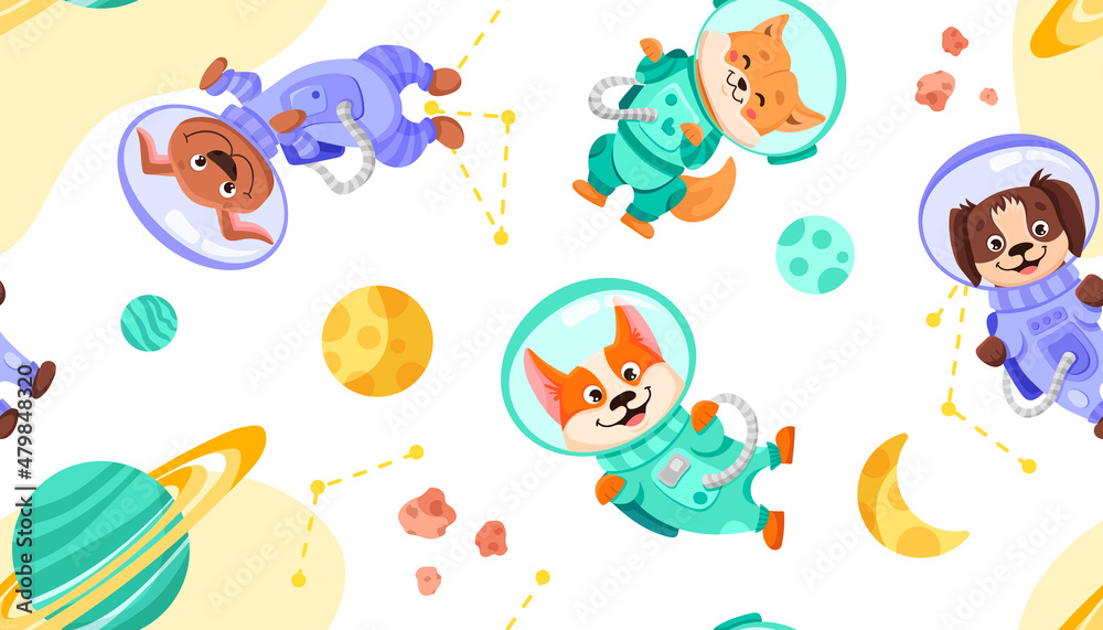 Space dog team in suits and helmets. Universe with cosmonauts for childrens print, nursery designs, perfect for kids room, fabric, wrapping, wallpaper, textile. Vector cartoon illustration
