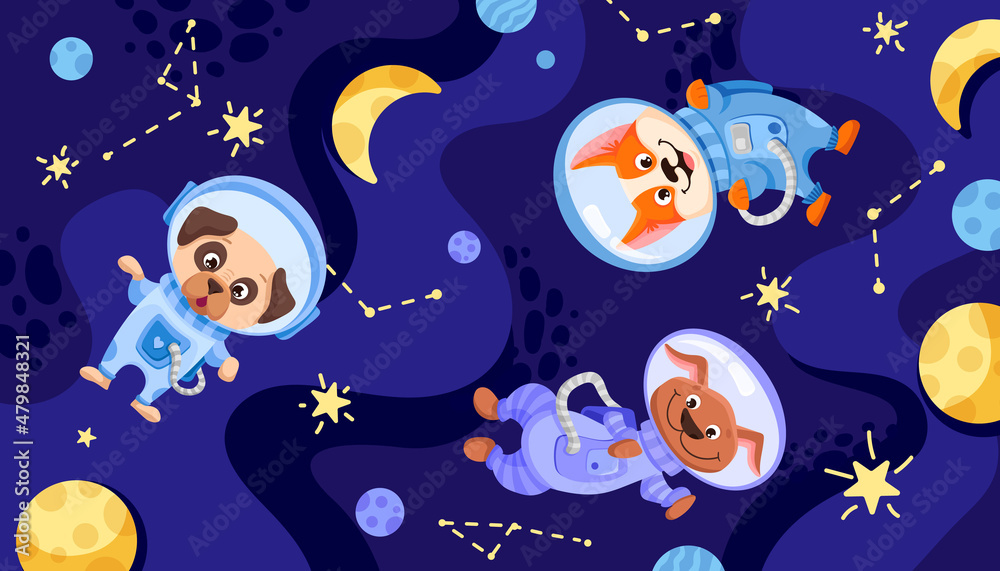 Space dog team in suits and helmets. Universe with cosmonauts for childrens print, nursery designs, perfect for kids room, fabric, wrapping, wallpaper, textile. Vector cartoon illustration Space dog team in suits and helmets. Universe with cosmonauts for childrens print, nursery designs, perfect for kids room, fabric, wrapping, wallpaper, textile. Vector cartoon illustration