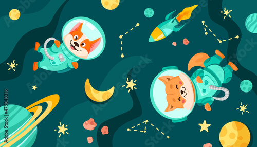 Space dog team in suits and helmets. Universe with cosmonauts for childrens print, nursery designs, perfect for kids room, fabric, wrapping, wallpaper, textile. Vector cartoon illustration