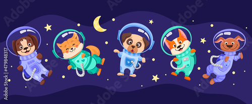 Space dog team in suits and helmets. Universe with cosmonauts for childrens print, nursery designs, perfect for kids room, fabric, wrapping, wallpaper, textile. Vector cartoon illustration
