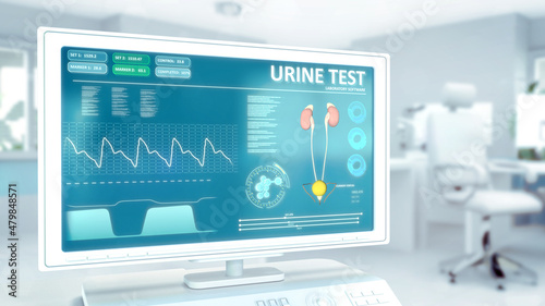test of urine on monitor in high tech clinic room . conceptual industrial 3D illustration