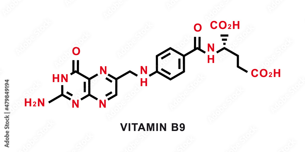 Vitamin B9 chemical formula. Vitamin B9 chemical molecular structure
