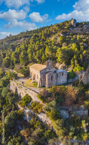 Aerial view of San Lorenzo church, Varigotti, Savona, Italy.