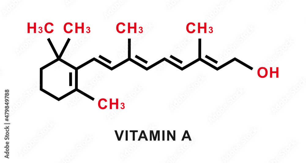 Vitamin A chemical formula. Vitamin A chemical molecular structure. Vector illustration Vitamin A chemical formula. Vitamin A chemical molecular structure. Vector illustration