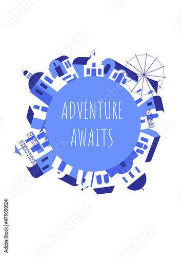 Postcard with blue-white houses and phrase in travel and holiday theme. Vector illustration in flat style for touristic industry.