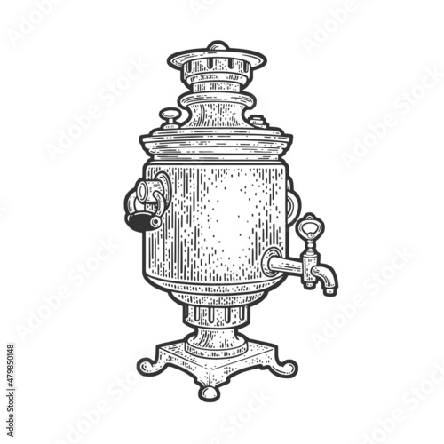 Samovar russian tea kettle sketch engraving vector illustration. T-shirt apparel print design. Scratch board imitation. Black and white hand drawn image.
