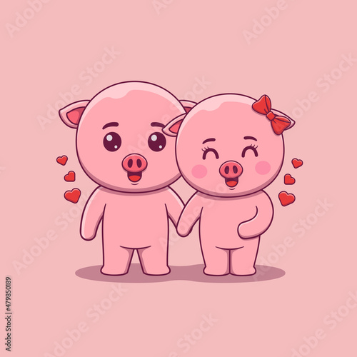 Cute Valentine s day pig couple holding hands