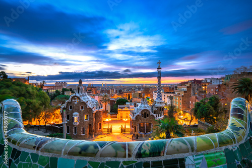 Skyline of Barcelona at dawn seen from Park Guell which was built in 1926