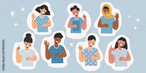 Sticker set of children boys and girls showing hi hello bye gesture. Collection of kids waving greeting. Portrait of diverse kids with goodbye or welcome hands. Flat vector cartoon illustration