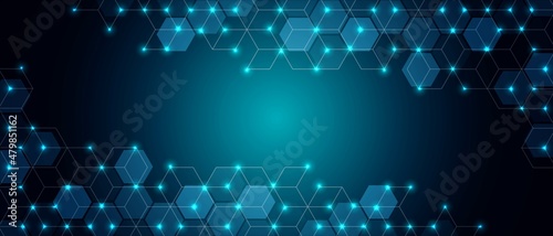 Abstract background frame technology, medicine. Poster design template. Texture with geometric shapes, lines, glowing dots, neon light, and a hexagonal pattern. Twinkling stars. Vector illustration © Olga