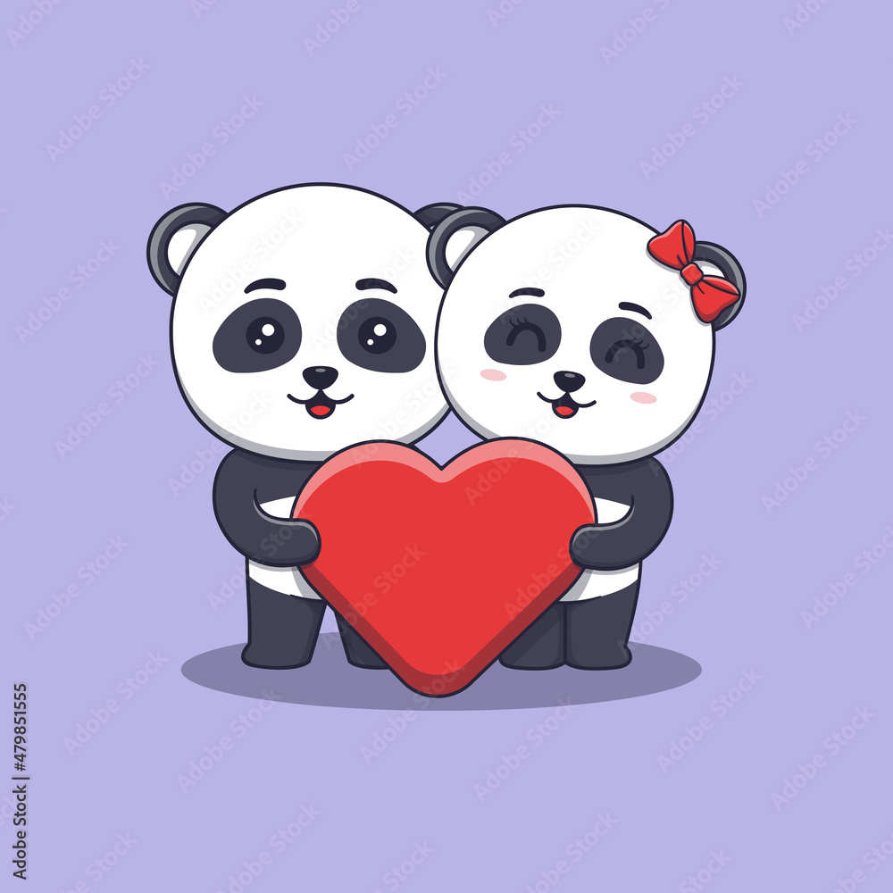 Cute Valentine's day panda couple holding a big heart love Cute Valentine's day panda couple holding a big heart love