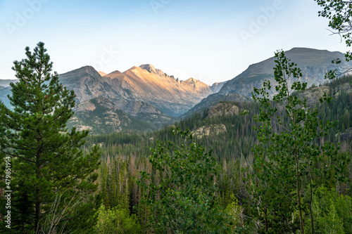 The last bit of sunlight highlights the top of mountains in Colorado