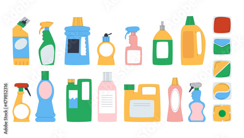 Set of plastic bottles. Household chemicals for the home. Means for washing and cleaning windows, floors, furniture and dishes. Flat vector illustration