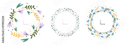 Three different vegetable frames. Snowdrops and leaves are a symbol of spring and Easter. Flat vector illustration
