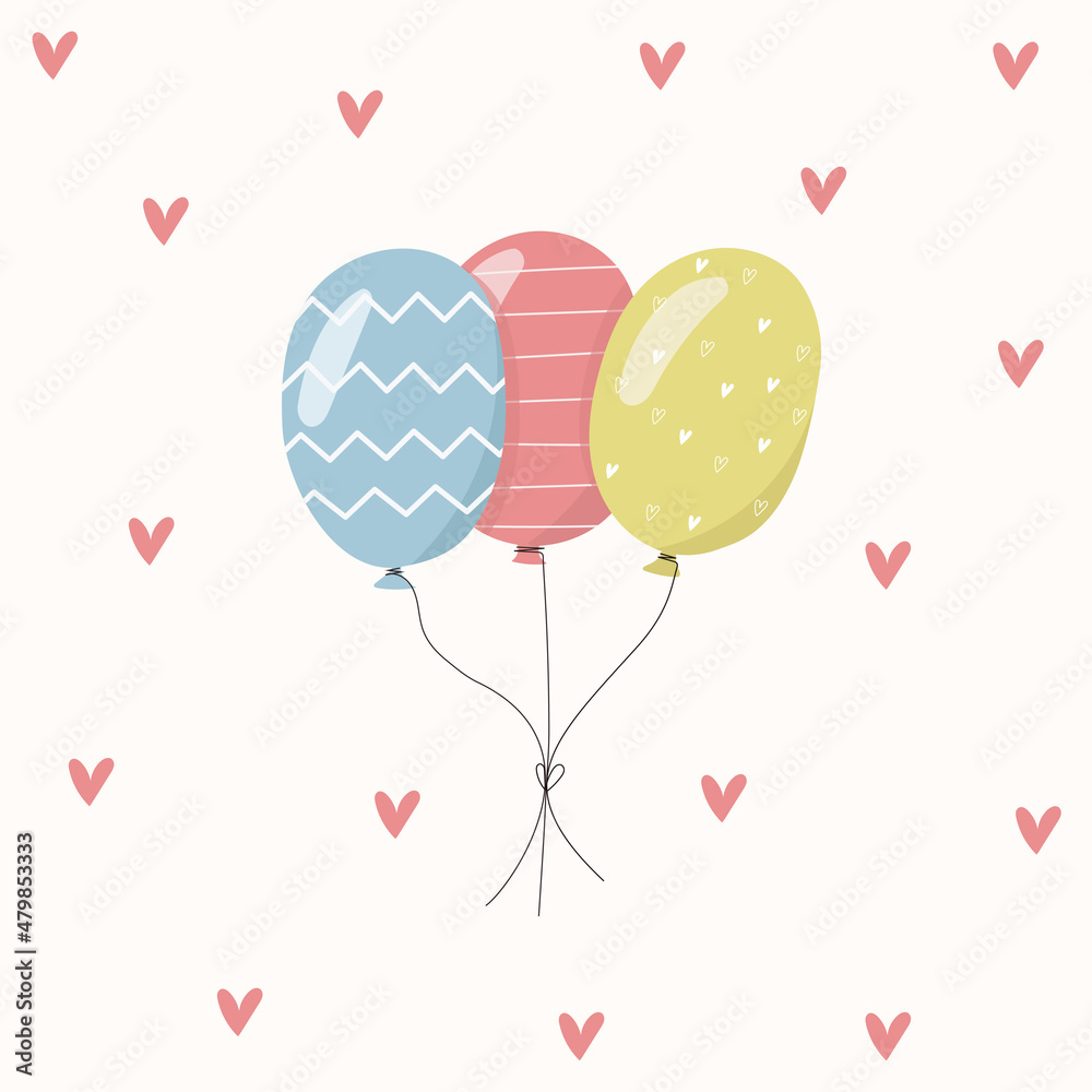 Cute Hand Drawn for valentine's day Vector Illustration. Pastel Colors Flying Baloons. Little simple hearts on white background. Colorful Balloons Flying up on a Light. Cute Nursery Art.
