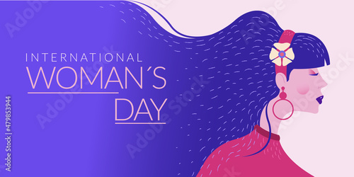 International Women's Day horizontal banner. Woman with long hair.