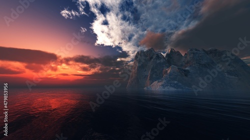 Sunrise over the water among the rocks, sea sunset among the mountains, 3D rendering
