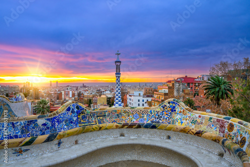 Beautiful sunrise skyline of Barcelona seen from Park Guell which was built in 1926