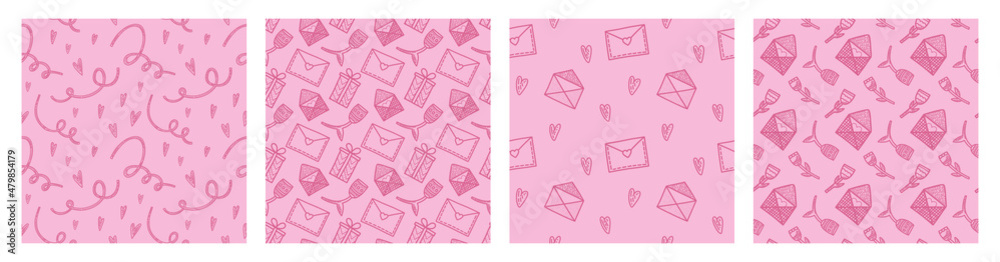 Set of vector seamless patterns. Hearts, flowers, gifts and letters in doodle style. Pack of surface design with love concept. Background for cards, social media posts, printing on wrapping paper.
Set of vector seamless patterns. Hearts, flowers, gifts and letters in doodle style. Pack of surface design with love concept. Background for cards, social media posts, printing on wrapping paper.