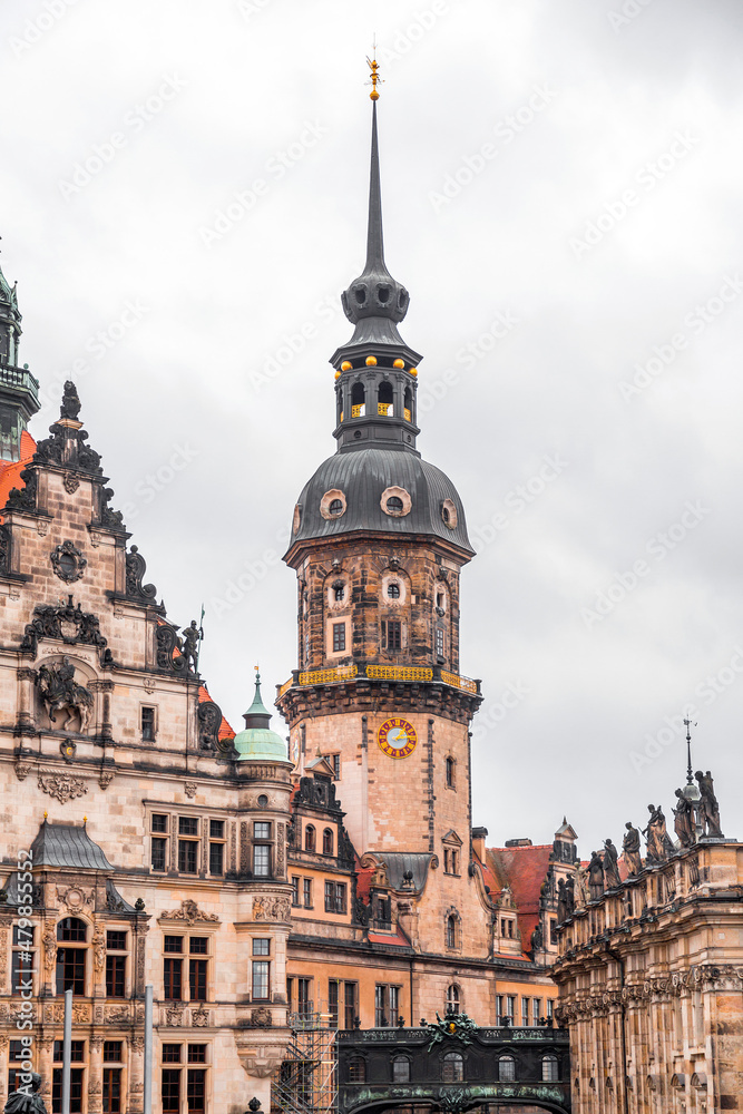 Hausmannsturm tower and Dresden Cathedral Catholic Court Church in the old town or Altstadt of Dresden Hausmannsturm tower and Dresden Cathedral Catholic Court Church in the old town or Altstadt of Dresden