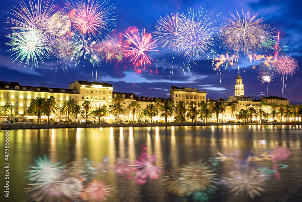 Riva promenade and Diocletian Palace with fireworks. Split, Croatia