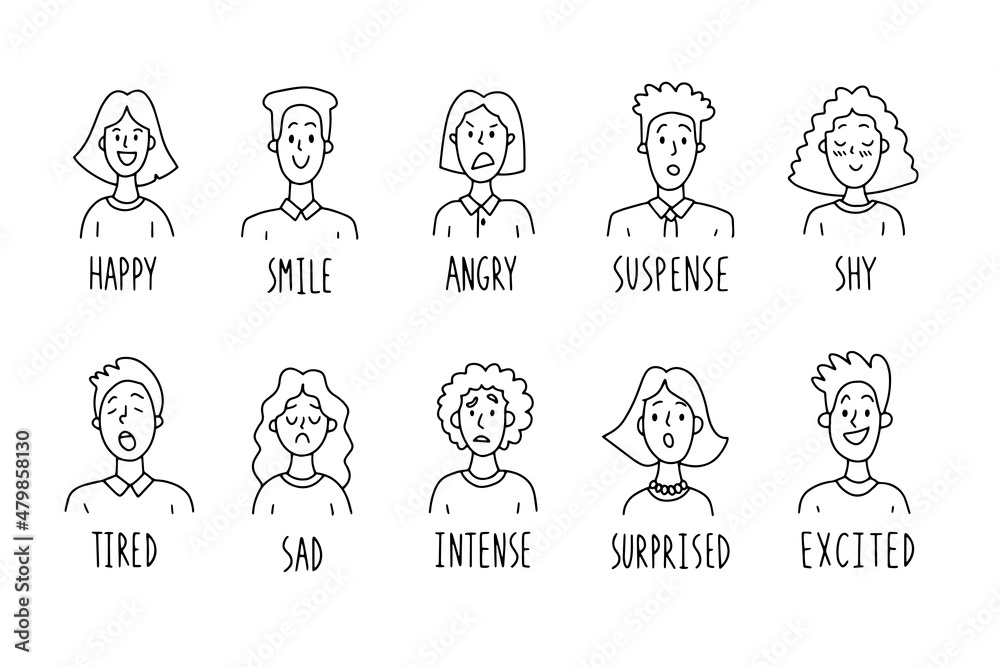 Faces expressions with feelings, moods, emotion. Set outline doodle people portraits. Draw Faces expressions with feelings, moods, emotion. Set outline doodle people portraits. Draw