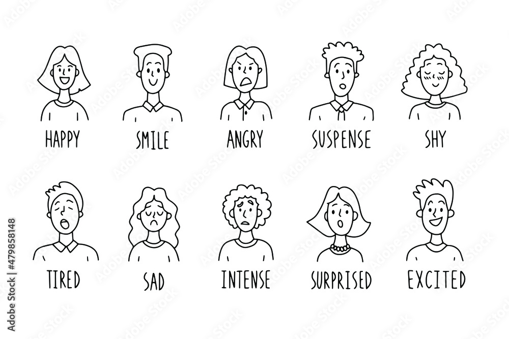 Faces expressions with feelings, moods, emotion. Set outline doodle people portraits. Draw Faces expressions with feelings, moods, emotion. Set outline doodle people portraits. Draw