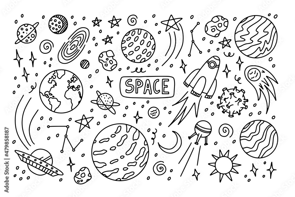 Outline doodle space draw elements. Raster line illustration. Outline doodle space draw elements. Raster line illustration.