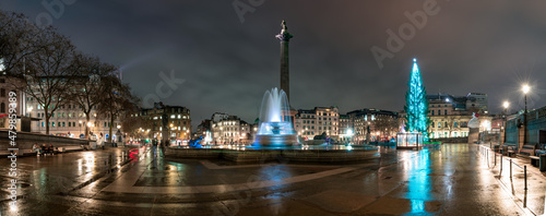 Trafalgar Square panorama with Christmas tree in London. England 