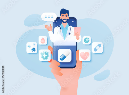 Telemedicine concept vector illustration. Consulting doctor using online technology through smartphone app is in palm of your hand.