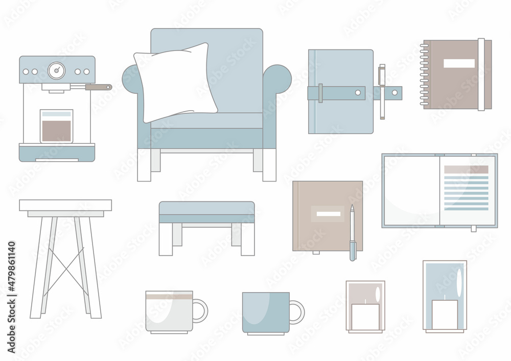Cozy Reading Nook. Set of cute hygge elements, furniture and home decorations Cozy Reading Nook. Set of cute hygge elements, furniture and home decorations