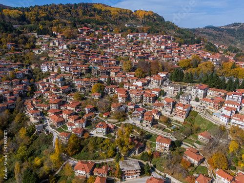 Aerial drone photo of iconic village of Metsovo with traditional house, Epirus, Greece