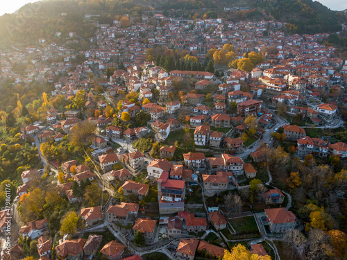 Aerial drone photo of iconic village of Metsovo with traditional house, Epirus, Greece in sunset time photo