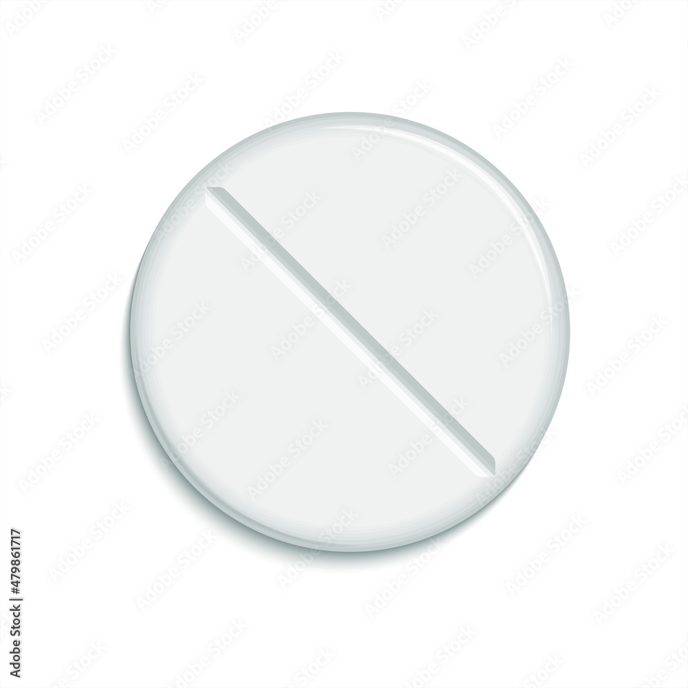 Vector realistic 3d medical pill icon isolated on white background. Design template for graphics, banners. Top view white pill Vector realistic 3d medical pill icon isolated on white background. Design template for graphics, banners. Top view white pill