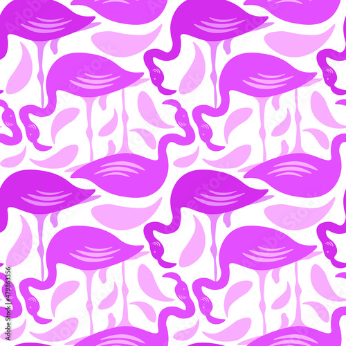 Seamless flamingo pattern. Pink flamingos on a white background with pink feathers. For use in paper  textile  digital products. Creative design.