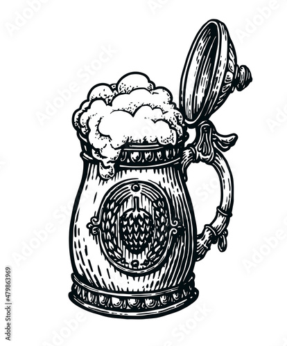 Beer mug with lid. Brewery, Oktoberfest festival. Beer pint sketch vector illustration