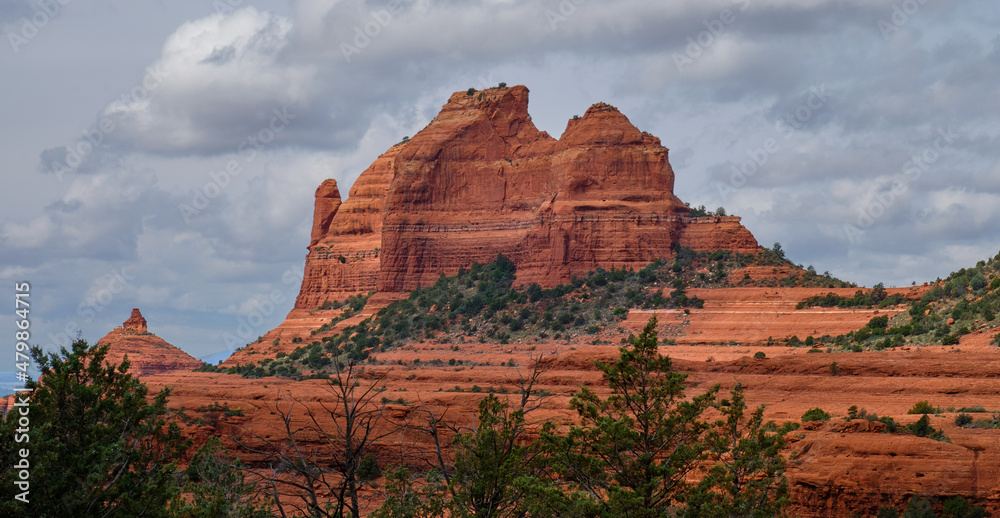 The Teapot rock in Sedona, with Moose Butte partially obscured behind it. This view is from Schnebly Hill Road.