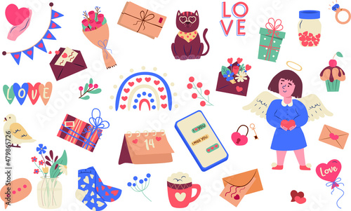 Illustrations for Valentine's Day. Set of vector cute items and elements for Valentine's Day greeting cards: angel, letters, letters, envelopes, flowers, ring, chocolate, ring. Holiday concept.